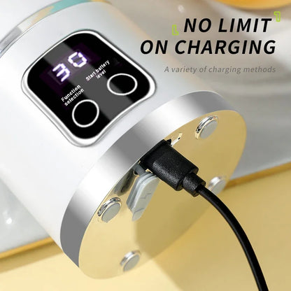 10 ašmenų nešiojamas vaisių sulčiaspaudė, 450 ml talpa, 3 pavaros, įkraunamas per USB, trintuvas, ledo smulkintuvas kokteiliams ir tirštiesiems kokteiliams, sulčiaspaudės puodelis
