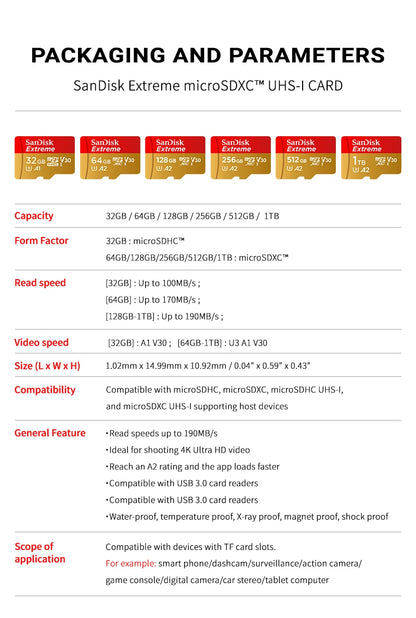 Sandisk Micro SD Card Extreme A2 A1 V30 SDXC Flash 32GB 64GB 128GB 256GB 512GB 1TB MicroSD Card 190MB/s TF Card for Phone Tablet