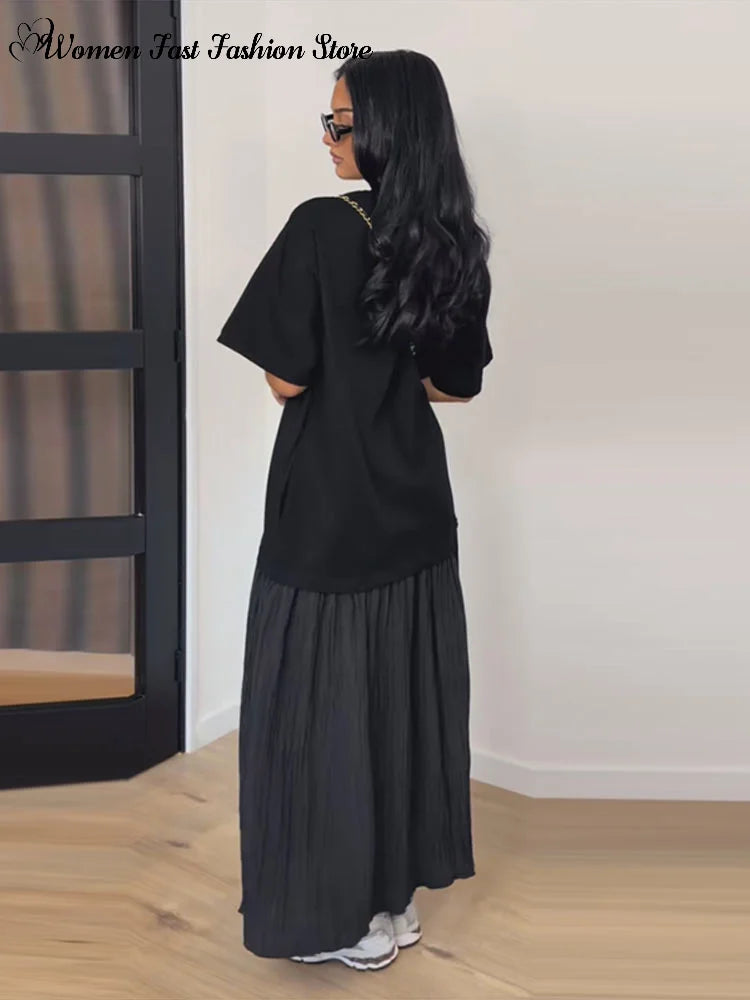 2026 Summer New Loose Patchwork Dresses Women's Pleated Fashion Short Sleeve O-neck Long Robes Female Elegant Casual Dress