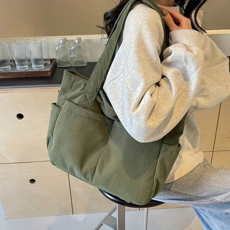 Large Capacity Women's Corduroy Tote Bag Casual Striped Shoulder Bag with Fixed Straps Zipper Handbag for Daily Commuting