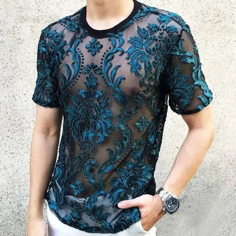 Sexy Round Neck T Shirt Soft Velvet Slim Men Clothing Nightclub Short-sleeved Top Quality Transparent Floral T Shirt See Through