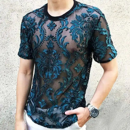 Sexy Round Neck T Shirt Soft Velvet Slim Men Clothing Nightclub Short-sleeved Top Quality Transparent Floral T Shirt See Through