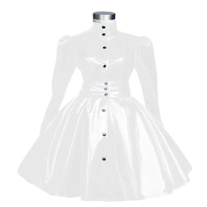 Plus Size Sweet Girl Mini Dress PVC Leather High Neck Button Pleated  A-line Dress Preppy Style Back Zipper Long Sleeve Dress