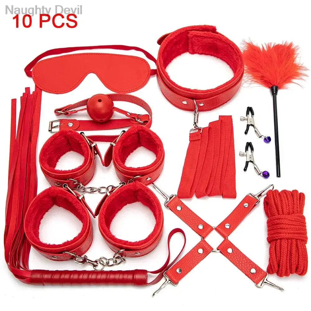 Erotic Bdsm Set Sexy Leather Plush Sex Toys Bondage Kit Handcuffs Feather Blindfold Flirt Exotic Accessories Couples Adult Games