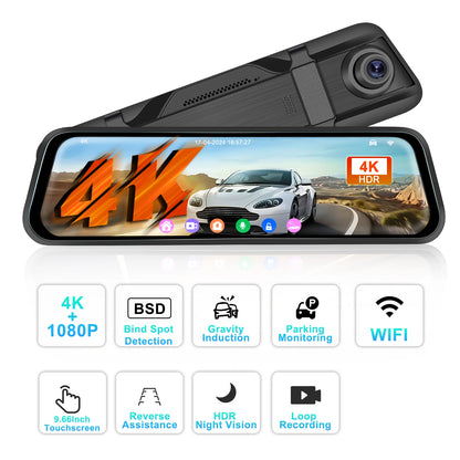 Podofo 4K Dashcam 9.66'' Mirror Dash Car Camera Rear Camera  Video Recorder Night Vision Loop Recording G Sensor 24H Parking Monitoring