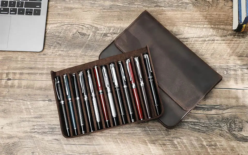 Luxury Genuine Leather 12 Slots Fountain Pen Case Box Office School Stationery Pen Storage Pouch Holder with Removable Pen Tray