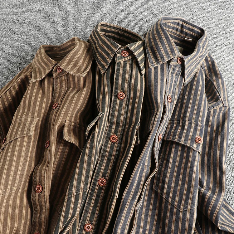 2025 Autumn And Winter New American Retro Stripe Long-Sleeve Lapel Shirt Men's Simple Fashion Washed Multi-pocket Casual Blouses