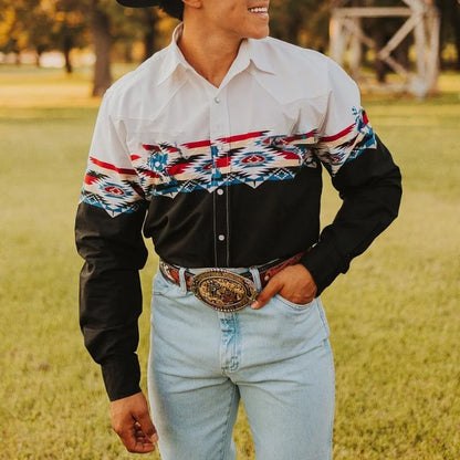 2024 Men's Long Sleeve Western Denim Shirt, Outdoor Casual Party, HD Pattern, Soft and Comfortable Button Lapel T-shir