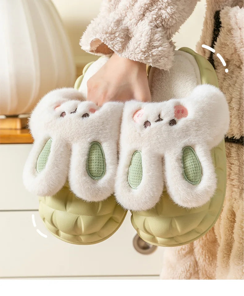 Mo Dou 2022 Winter Warm Women Slippers Waterproof Vamp Cute Rabbit Bear Decoration Indoor Outdoor Shoes Soft Plush Men Slippers