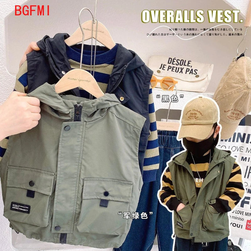 Children's Zipper Vest Spring Autumn Korean New Big Pocket Vestcost Boys Versatile Windproof Hooded Sleeveless Inner Lining Coat