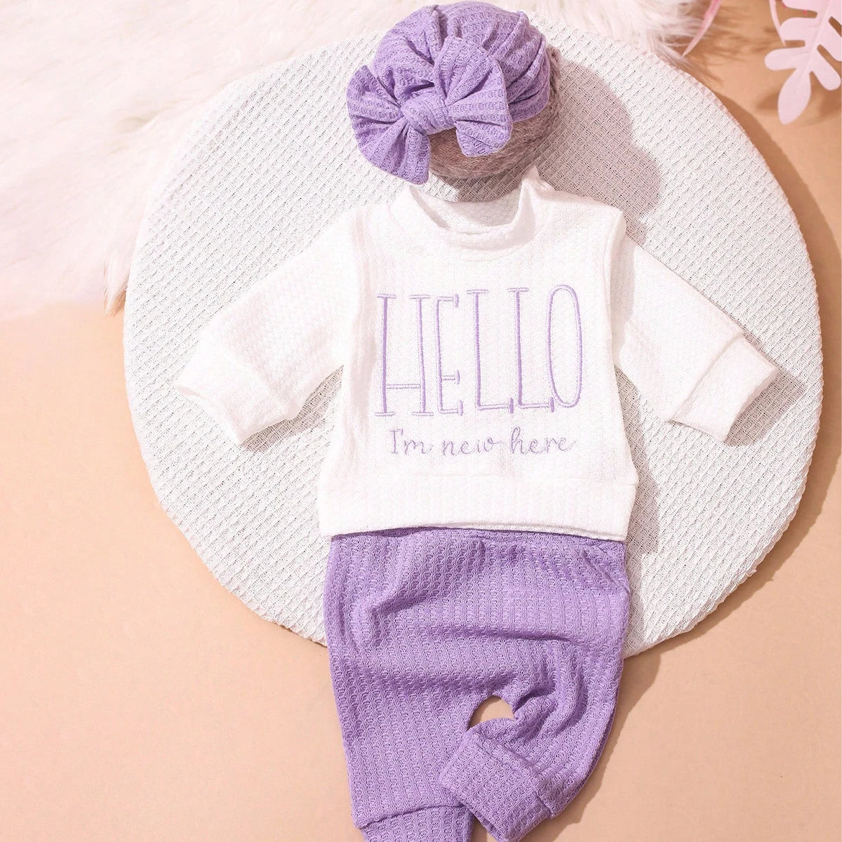 "Hello" Embroidery Newborn Photography Props Infant Romper Jumpsuit with Bow Hat Baby Coming Home Outfit Baby Photo Gift-HD