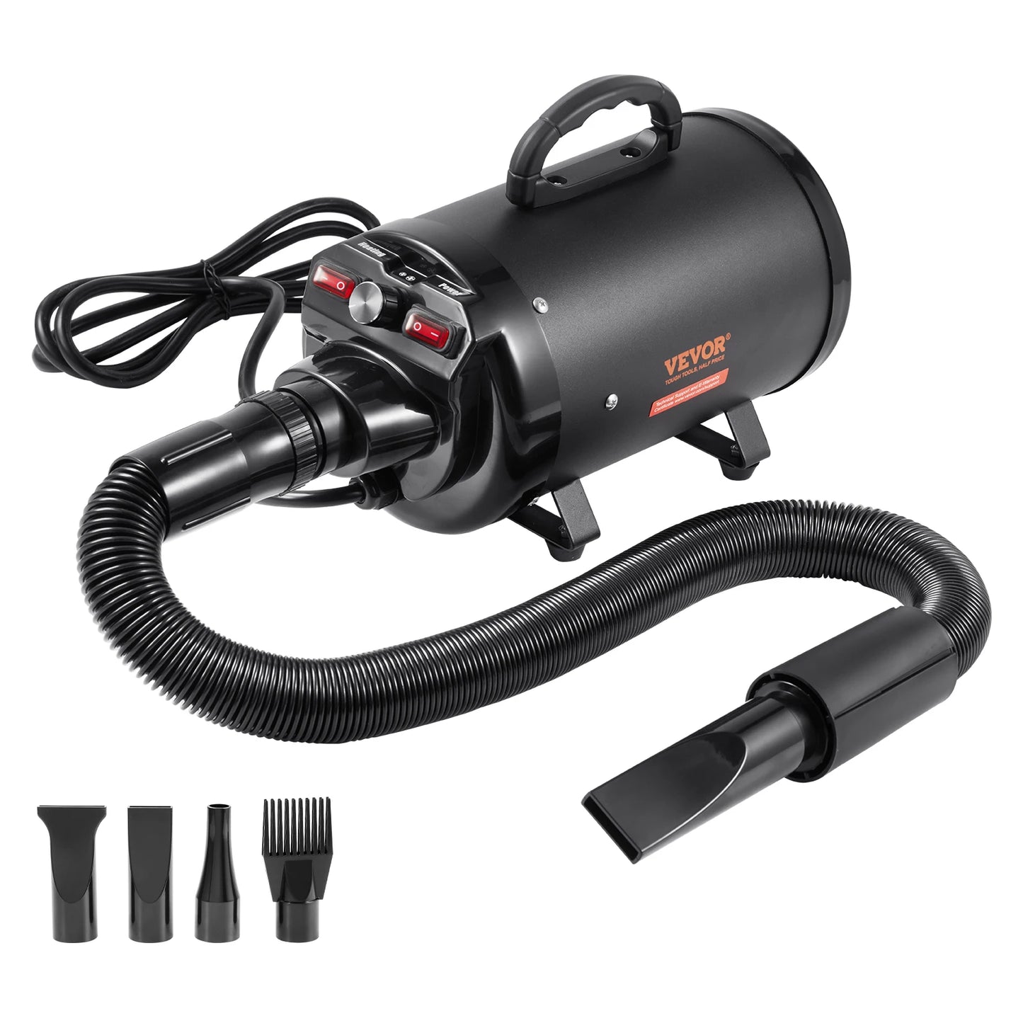 VEVOR 2000W/2.7HP Dog Blow Dryer Adjustable Speed Temperature Control with 4 Nozzles and Extendable Hose for Pet Hair Grooming