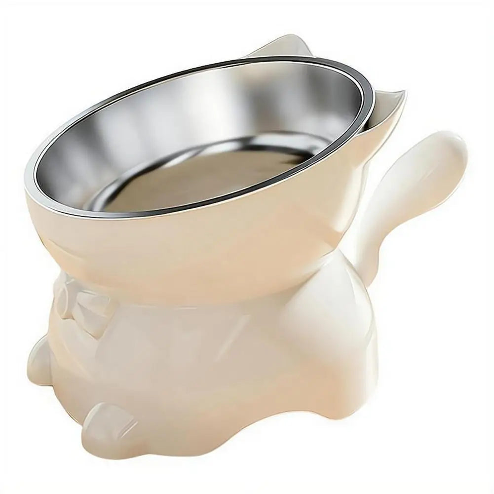 Elevated Stainless Steel Cat Bowl, Inclined Food & Water Dish with Cute Ear Stand, Neck Protection Design for Cats