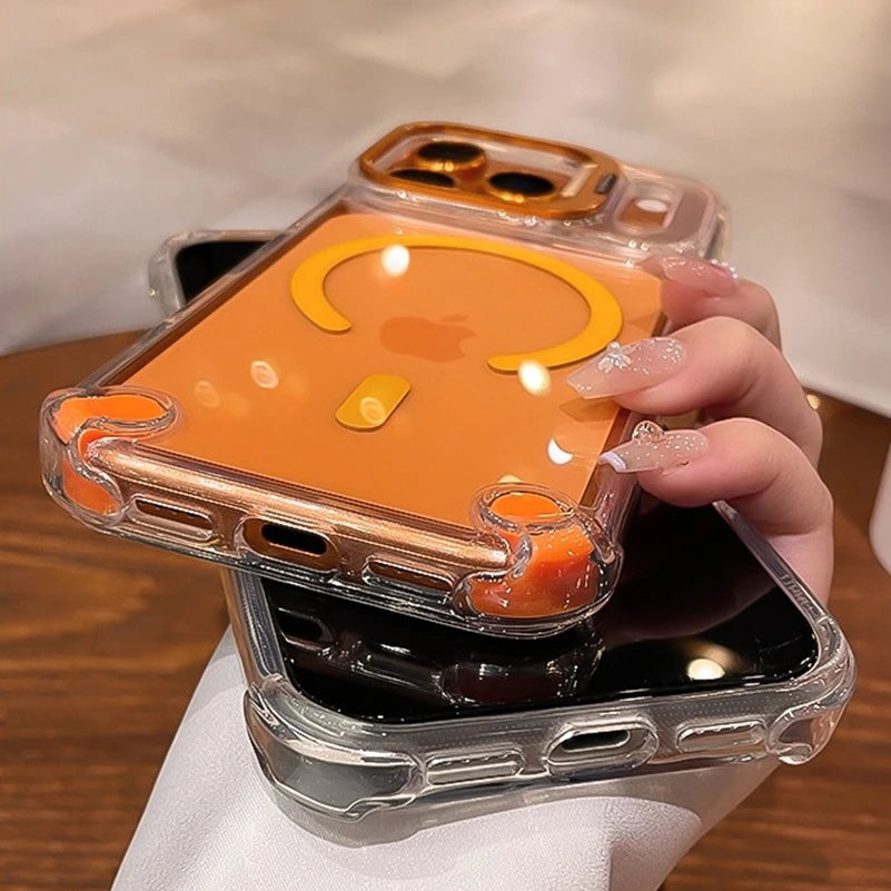 Luxury Transparent Airbag Case For iPhone 17 16 15 14 12 13 Pro Max Plus Air for Magsafe Transparent Camera Stand Holder Cover