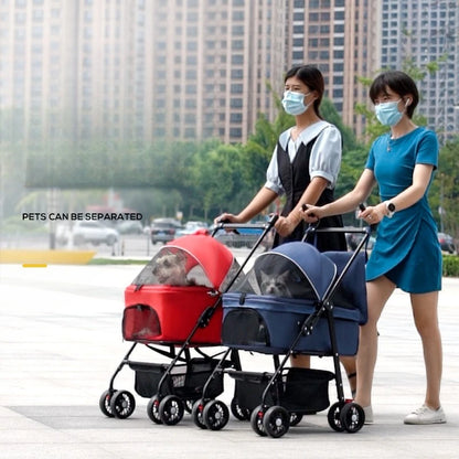 4 Wheel Foldable Pet Stroller Detachable Carrier for Small Dogs Cats, Lightweight Travel Pet Cart with Breathable Mesh