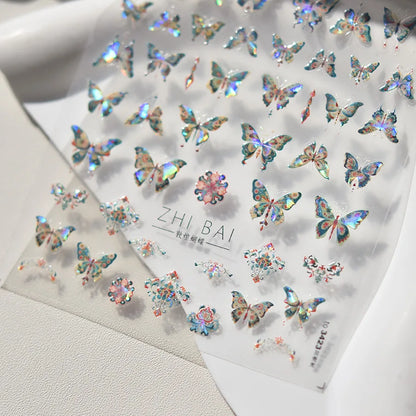 Shiny Jelly Butterfly Charming Golden Gradient Bowknot 5D Self Adhesive Nail Art Sticker Flower Petal Rhinestone Manicure Decals