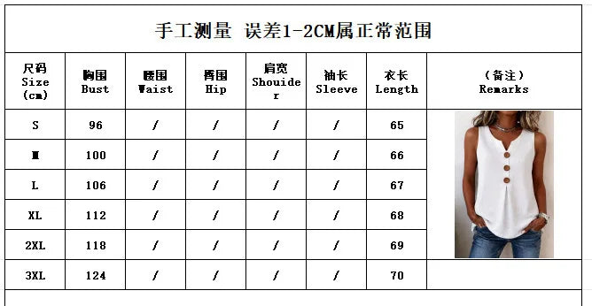 Summer 2026 Women's Blouses Fashion Button Cotton Linen Sleeveless Shirts Casual Solid Colors V-Neck Loose Plus Size Tank Tops