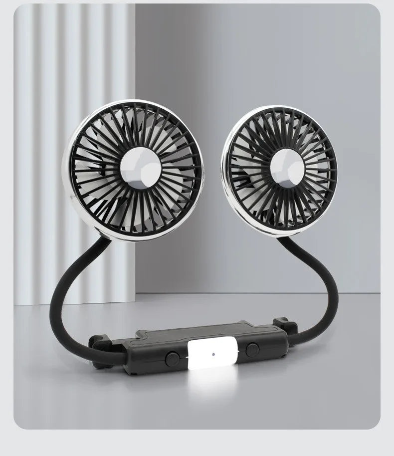 EAFC 3-speed Car Seat Back Cooling Fan USB Charge Dual Head Fan LED Lighting 360 Degree Rotation Neck Cooler for Home Use Travel