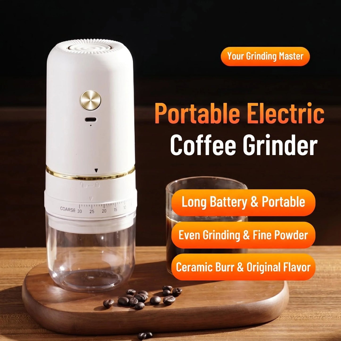 Portable Rechargeable Electric Coffee Grinder, External Adjustable Grind Mill for Espresso & Hand Pour Coffee