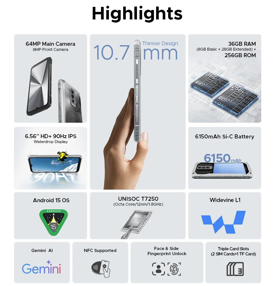 DOOGEE Blade10 Ultra Energy Rugged Phone Gemini AI 10.7mm Ultra-thin 6150mAh Battery Android 15 Widevine L1 Smartphone NFC