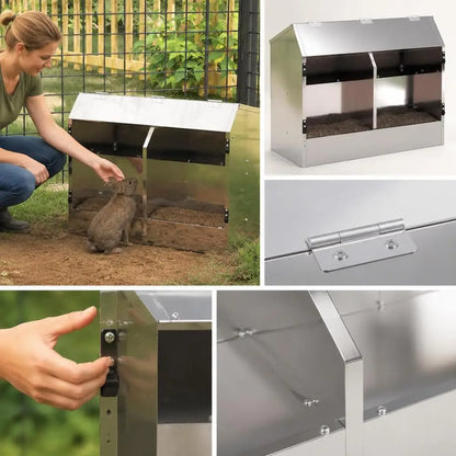 Rabbit Feeder Hay Rack And Feeding Trough, Galvanized Steel, For Hutch Cage And Pet Enclosure Daily Feeding, Silver, 64.5 X 25.5 X 45.5 Cm