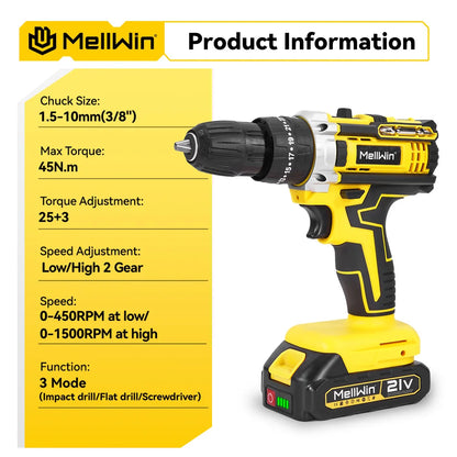 MELLWIN 25+3 Torque Electric Impact Drill 2 Speed Adjustable Cordless Electric Screwdriver Power Tool For Makita 18V Battery Pin