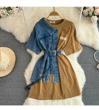 Retro Hong Kong Sle Chic Casual Mid-Length round Ne Patchwork Color Denim irt with Belt Spring New Women's Faion Top