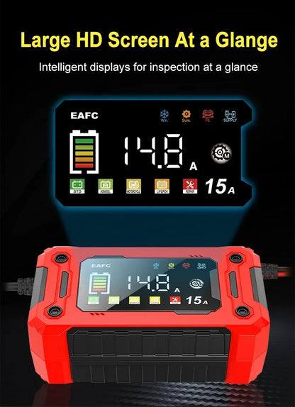12V 8A /12V 15A Car Battery Charger | One-Touch Pulse Repair & Auto Start | All-in-One Fast Charger for Car, Motorcycle, Truck