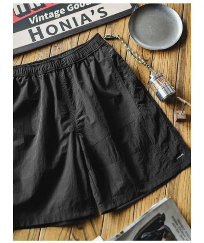 Maden Outdoor Patchwork Black Shorts Men's Lightweight Quick-Dry Breathable Shorts with Elastic Waist Straight Leg Sport Pants