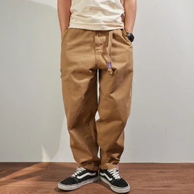 Four Seasons Japanese Retro Tapered Casual Pants Men's Fashion 100% Cotton Washed Loose Straight CityBoy American Cargo Trousers