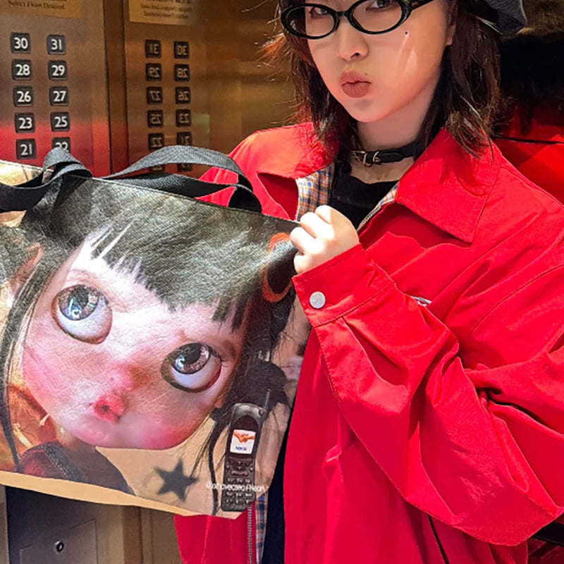 Brand Portrait Print Tote Bag Large Capacity Top-handle Shopper Bag Fashion Pvc Kraft Paper Shoulderbag Waterproof Pouch Storage