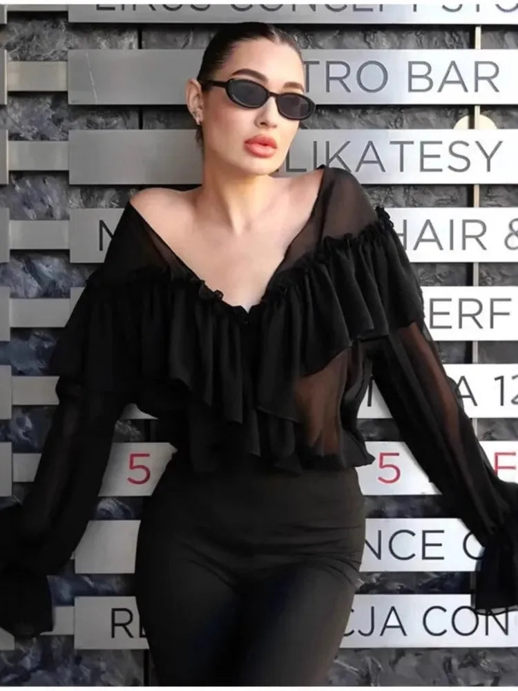 Sexy See-through Chiffon Top V-neck Long Sleeve Beach Party Shirt Trans-seasonal Women's Low Cut Shirt Ruffle Solid Color Tops