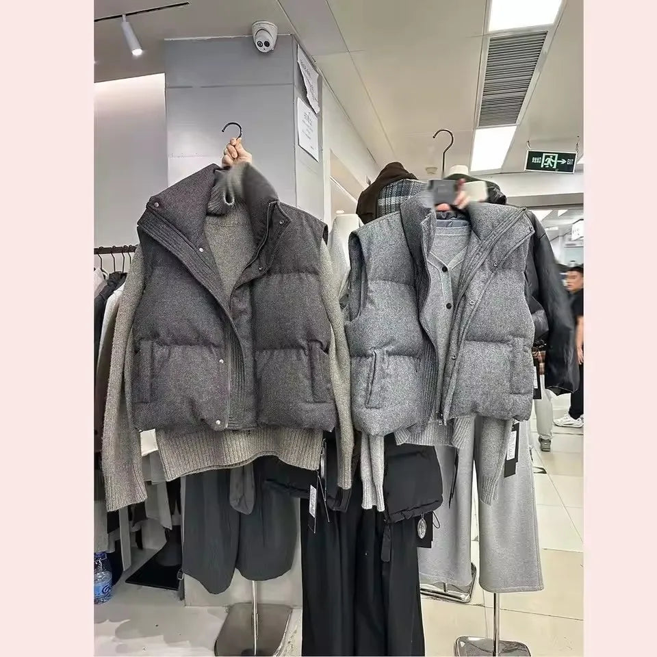 Korea Chic Streetwear Personalized Vest Short Parkas Casual Elegant Waistcoat  Coat  High Street Moda All-match Women Jacket