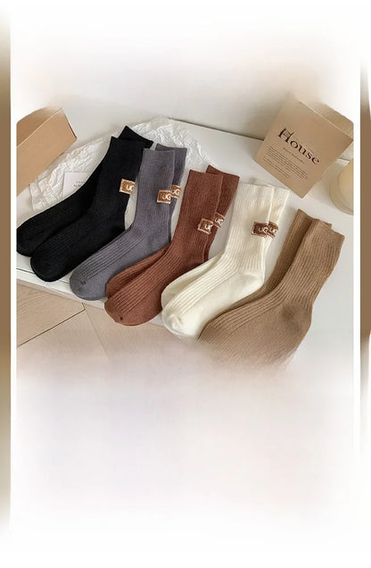 1/3Pairs Winter Thick Warm Padded Socks Solid Color Mid Calf Socks Women’s Casual Embroidered Logo Pile Socks Cold Weather Wear