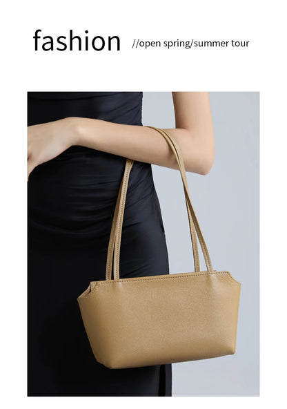 Luxury Women's Genuine Cowhide Leather Mini Shoulder Tote Bag Pebbled Leather Long Strap Underarm Handbag Minimalist Daily Purse