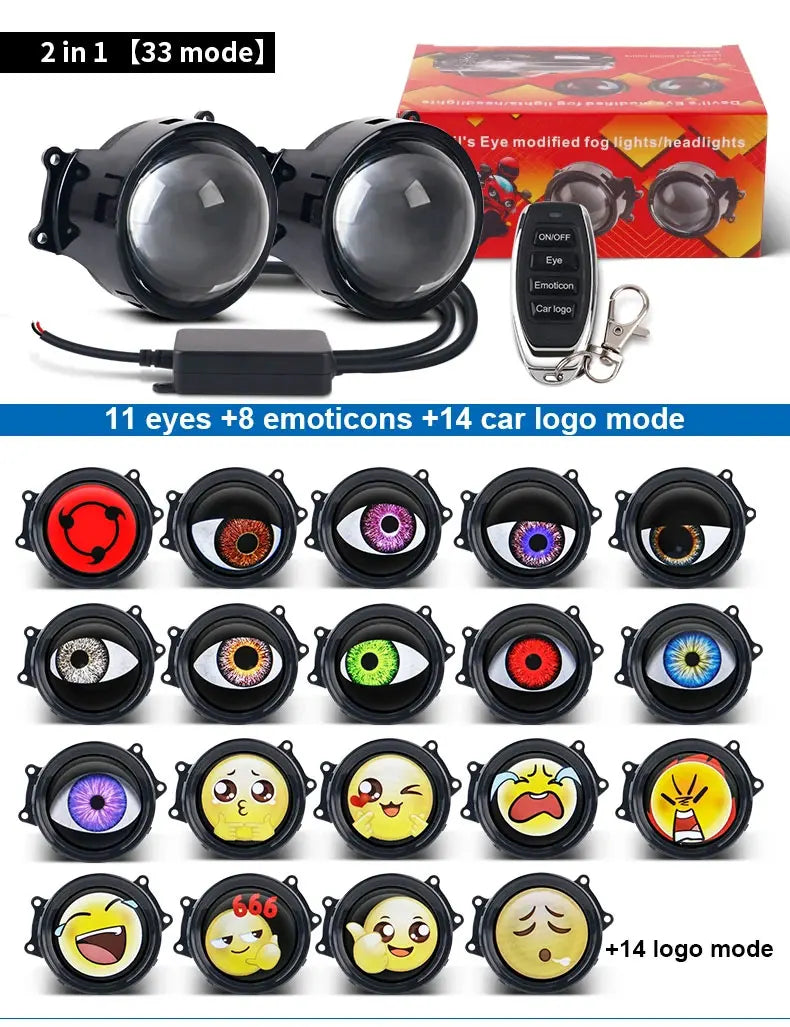 LED Car Dynamic Devil Eye Large Light 3-inch 33 Mode Car Light Remote Modification Eagle Eye 3D Lens Dynamic Pupils Headlight