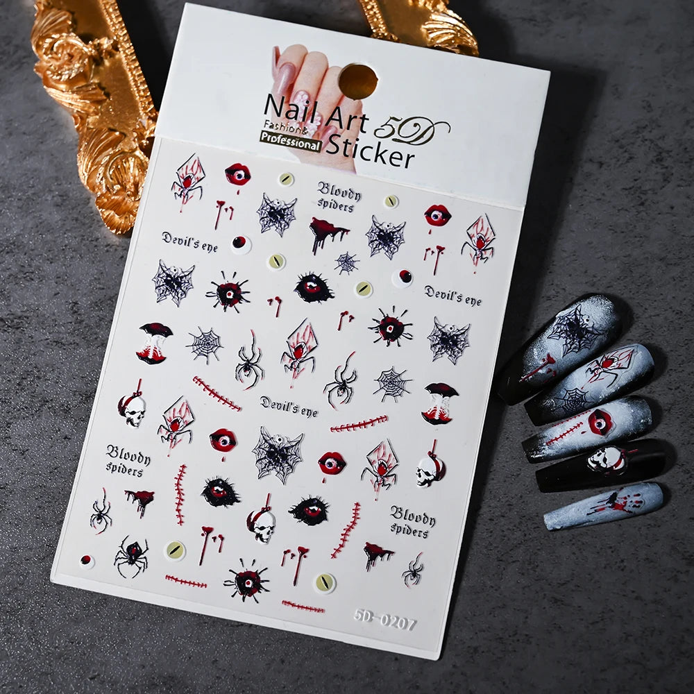 1sheet 5D Halloween Nail Stickers Pink/Green/Black Cartoon Pattern Nail Art Slider DIY For Sweet Cool Girl Cute Nail Decoration