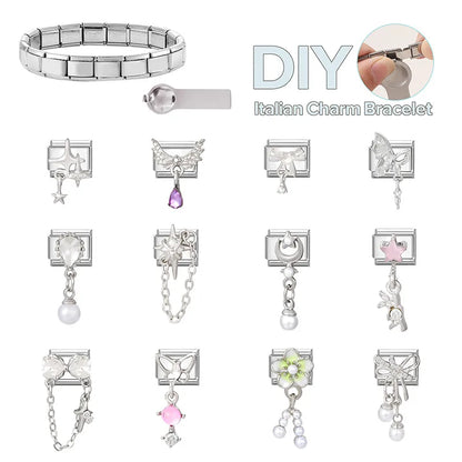 New Shiny Zircon Heart Butterfly Flower Star Bow Italian Charm Links Fit 9MM Stainless Steel Bracelet Girls' DIY Making Gift