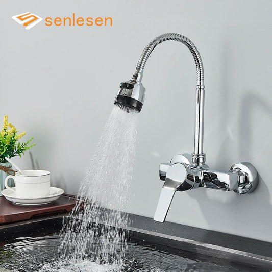 Chrome Wall Mounted Dual Hole Kitchen Faucet Lead Free Hot Cold Water Mixer Tap Stream Spray Bubbler 360 Rotation Flexible Pipe