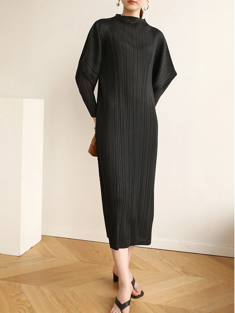 Miyake Pleats Batwing Sleeve Pleated Long Dress Korean High Fashion Causal Elegant Women Designer Clothing