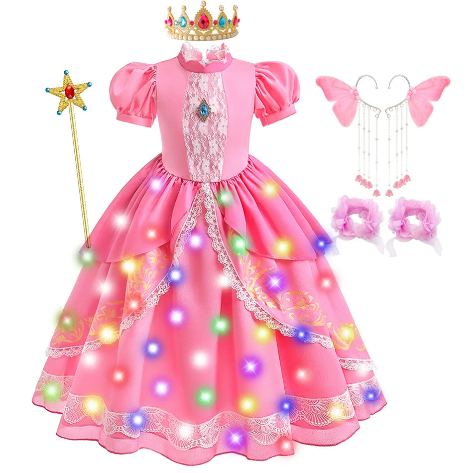 Peach Princess Costume with LED Color Light Toddler Birthday Game Role Play Dress Girl Halloween Festival Gown Pink Lace 4-8 Y