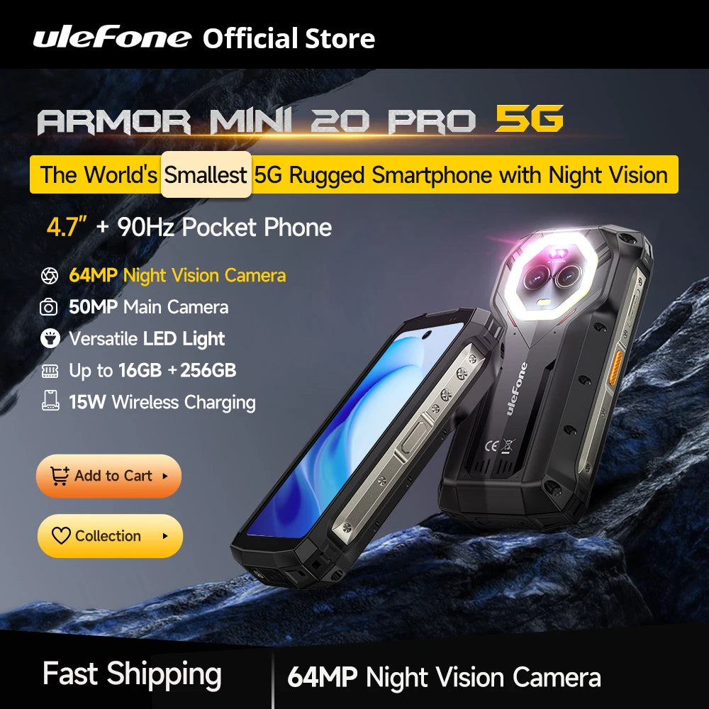 Ulefone 4.7" Rugged Phone Armor Mini 20 Pro 5G Android 14 16+256GB Smartphone LED Light 64MP Night Camera Mobile Phone