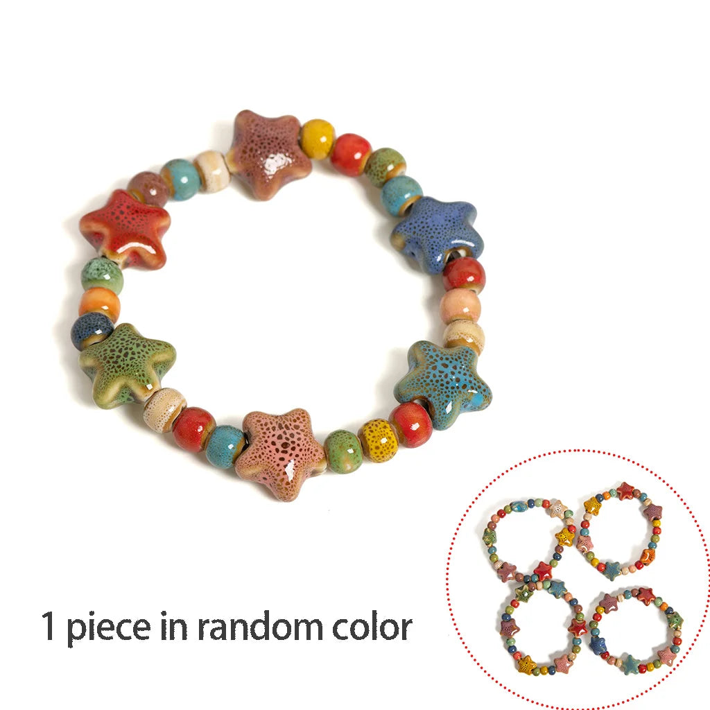 Handmade Colorful Starfish & Seashell Ceramic Beaded Bracelet Boho Beach Jewelry Elastic Wristband for Women & Teens S001186
