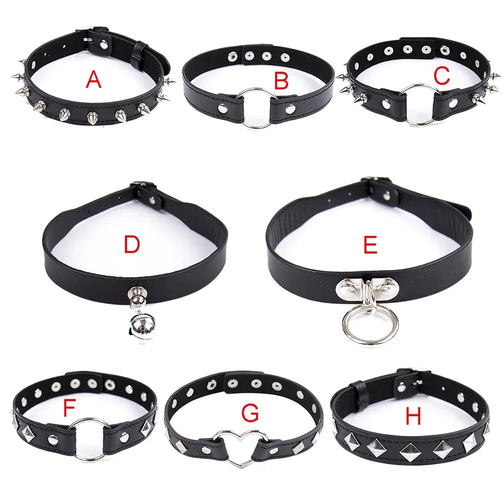 Sexy PU Leather Choker Collar for Women Gothic Punk Spike Heart O-Ring Bell Bondage Slave Neck Strap BDSM Role Play Accessory