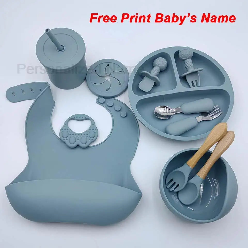 11Pcs Silicone Feeding Sets For Baby Personalized Name Children's Tableware Suction Cup Plates Bowl Spoon Feeding Cups BPA Free