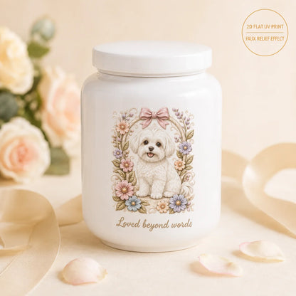 Custom Pet Memorial Ashes Urn with AI Generated Photo Ceramic Relief | Personalize with Name Or Memorial Message | 2D Printed No