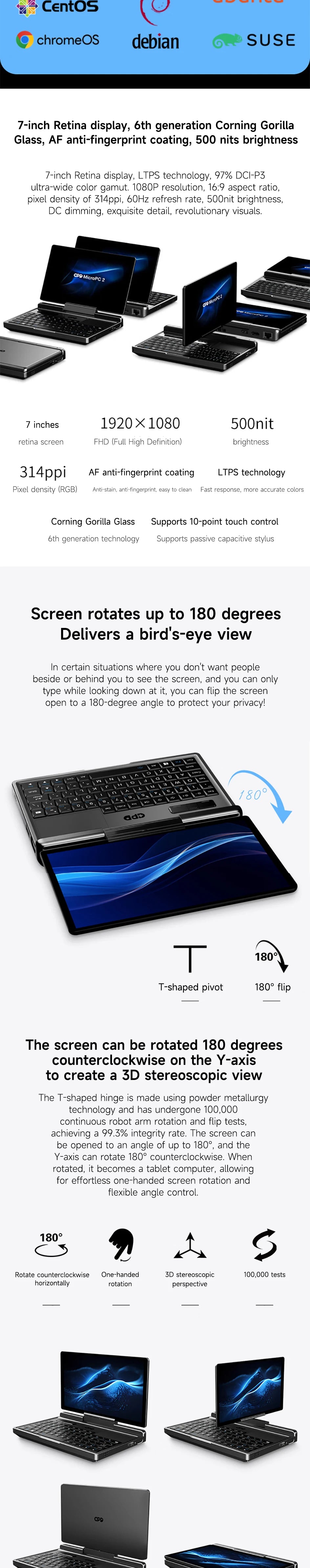 GPD MicroPC 2  2025  7-inch  Intel i3-N300 Windows 11 24H2 Pro Edition  16GB RAM | 512GB/1TB/2TB/4TB SSD  Palm-sized Mini Laptop