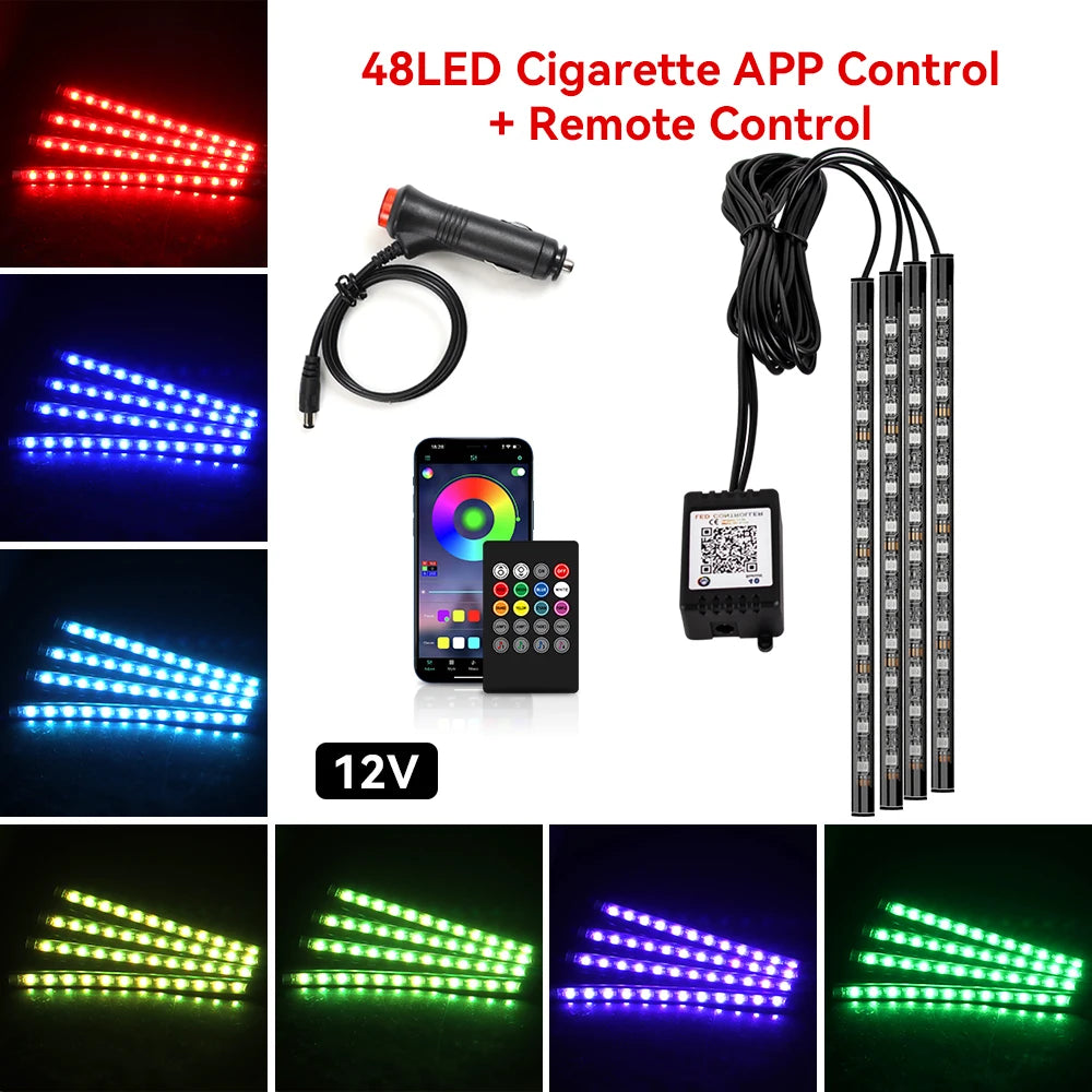Neon Car Interior Ambient Foot Light with USB Wireless Remote Music App Control RGB 48 LED Atmosphere Decorative Lamp
