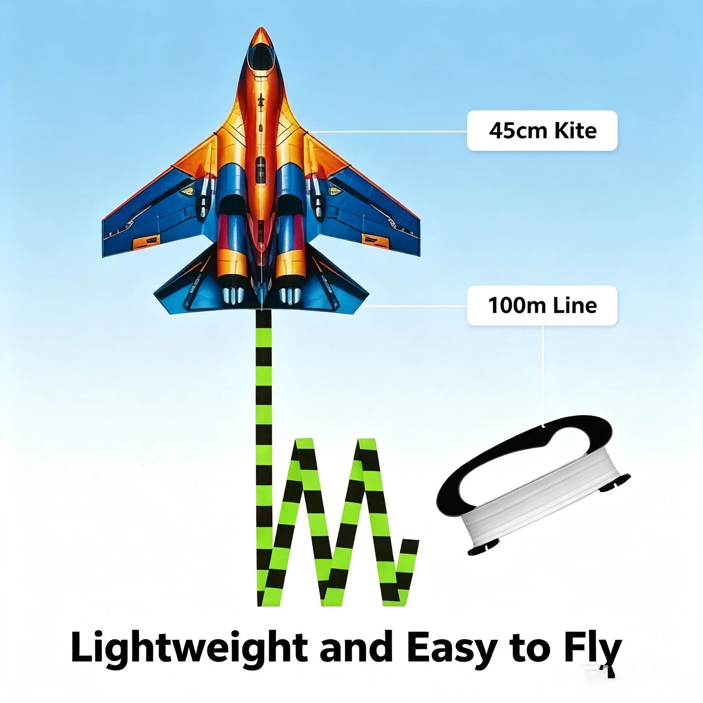 HTMCK Fighter Jet Kite 45cm Large Plane Kite With 100m Line Handle Outdoor Sport Flying Kites For Kids Adults Beach Park Easy To