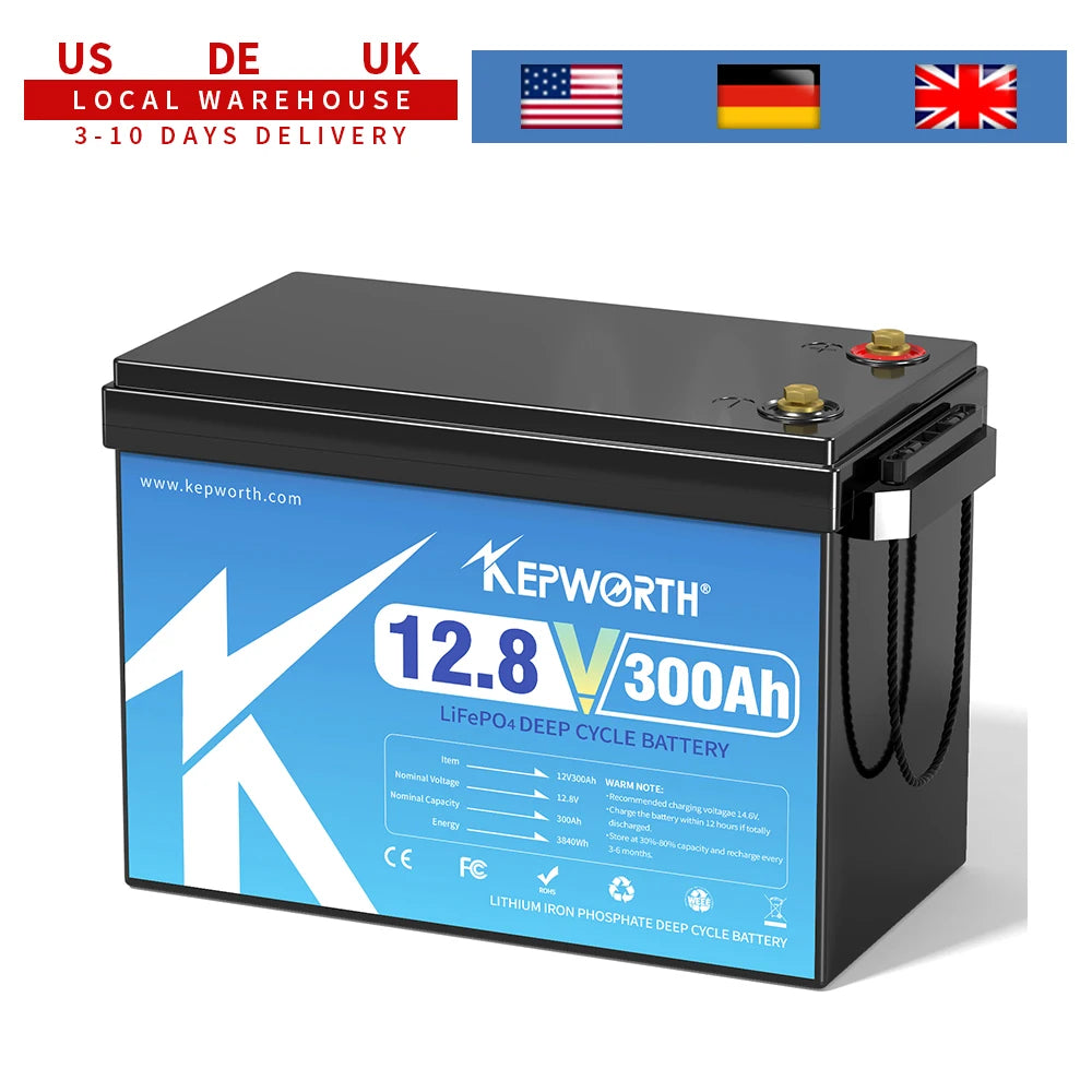 KEPWORTH 12V 300Ah LiFePO4 Battery, Built-in 200A BMS 3840Wh Energy Deep Cycles, Perfect for Off-Grid, Motorhome, Solar System